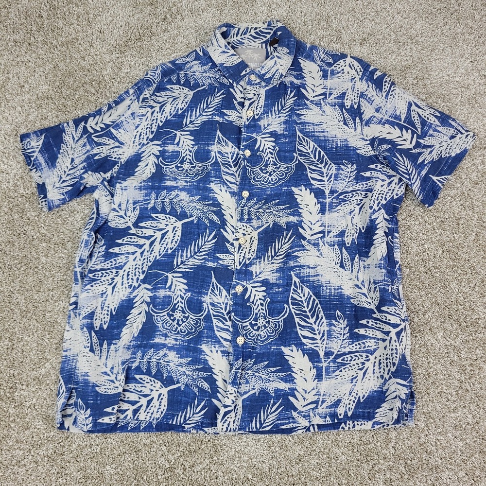 Margaritaville Mens Large Blue AOP Floral Hawaiian Short Sleeve Linen Silk